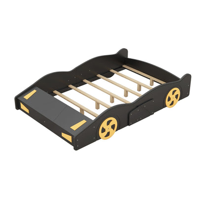 Full Size Race Car-Shaped Platform Bed with Wheels and Storage