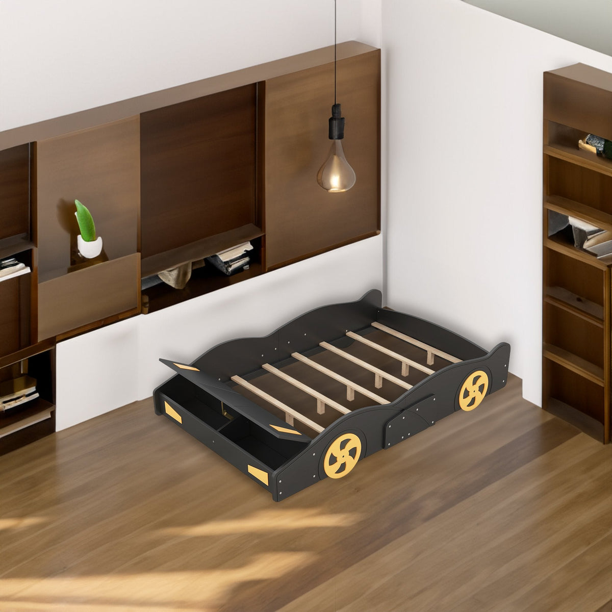 Full Size Race Car-Shaped Platform Bed with Wheels and Storage