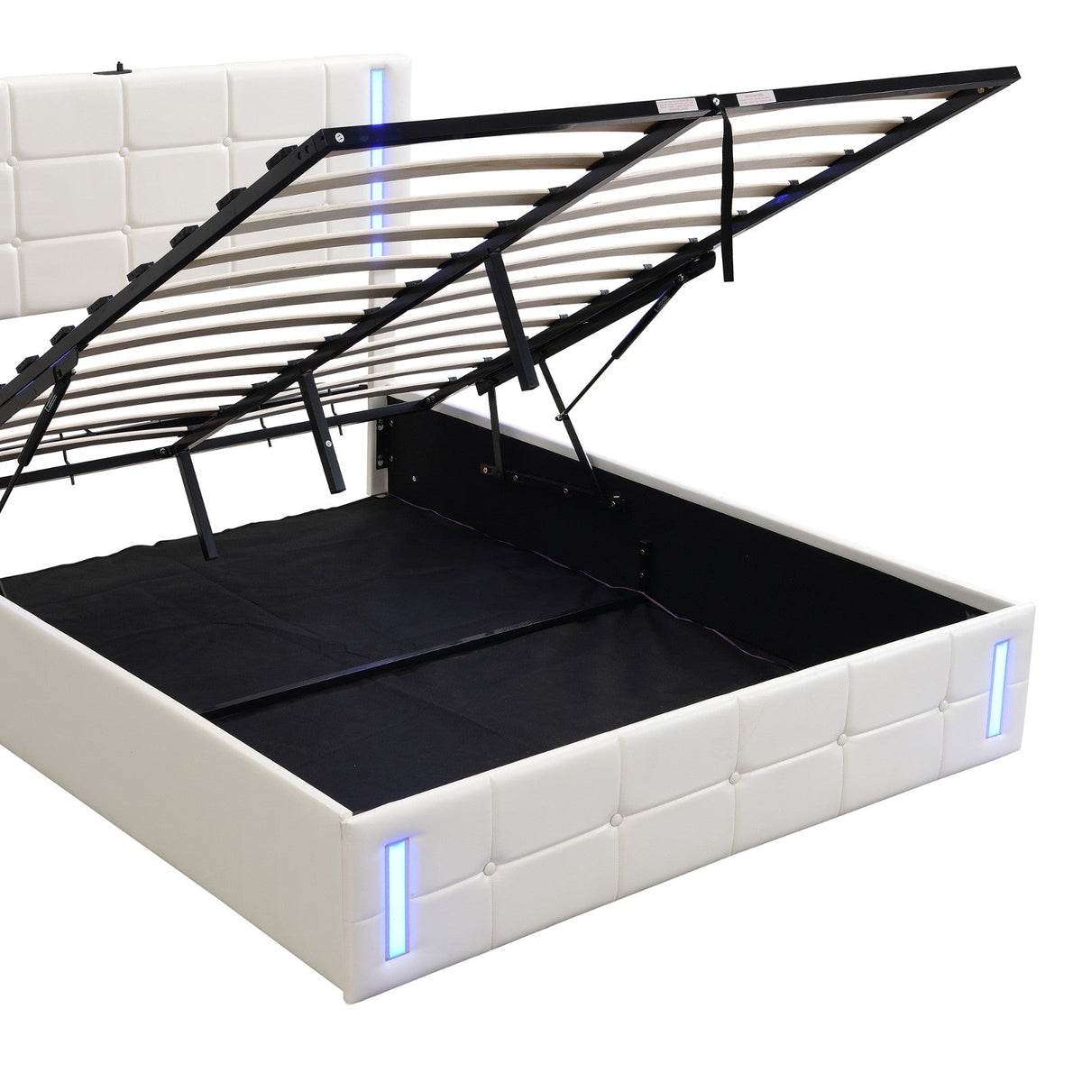 Full-Size Upholstered Bed with LED Lights, Hydraulic Storage System, and USB Charging Station