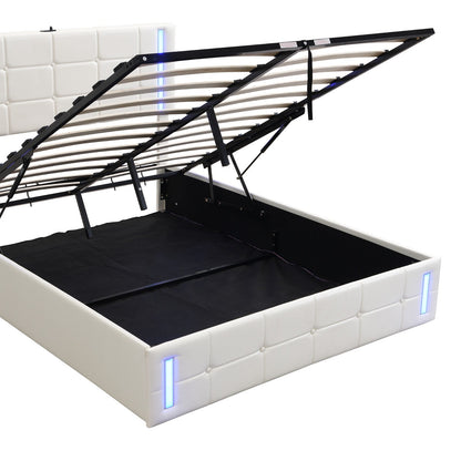 Full-Size Upholstered Bed with LED Lights, Hydraulic Storage System, and USB Charging Station