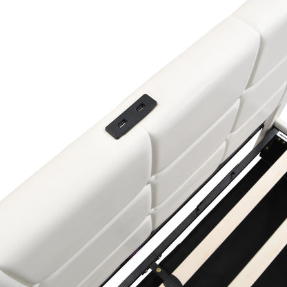 Full-Size Upholstered Bed with LED Lights, Hydraulic Storage System, and USB Charging Station