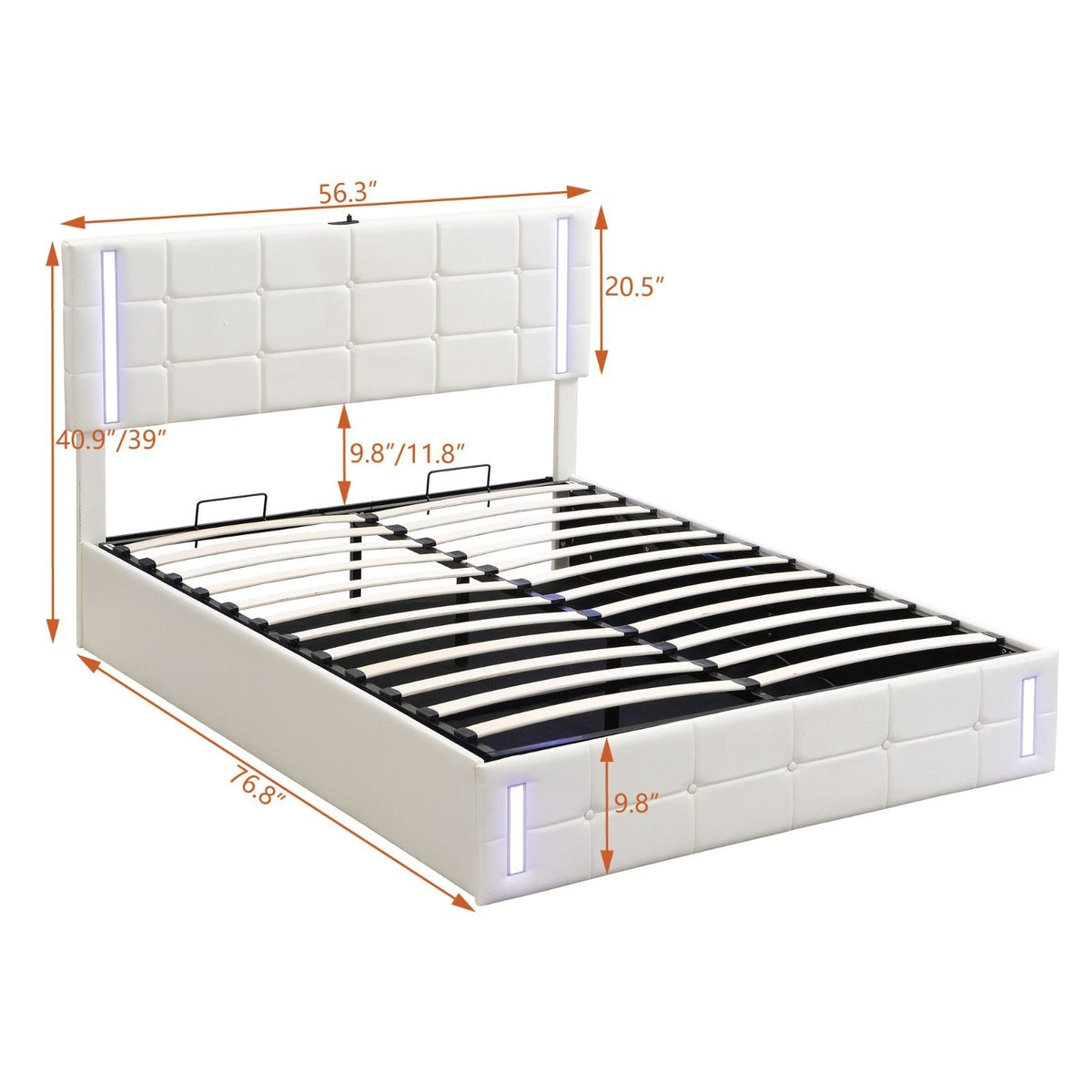 Full-Size Upholstered Bed with LED Lights, Hydraulic Storage System, and USB Charging Station