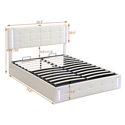 Full-Size Upholstered Bed with LED Lights, Hydraulic Storage System, and USB Charging Station