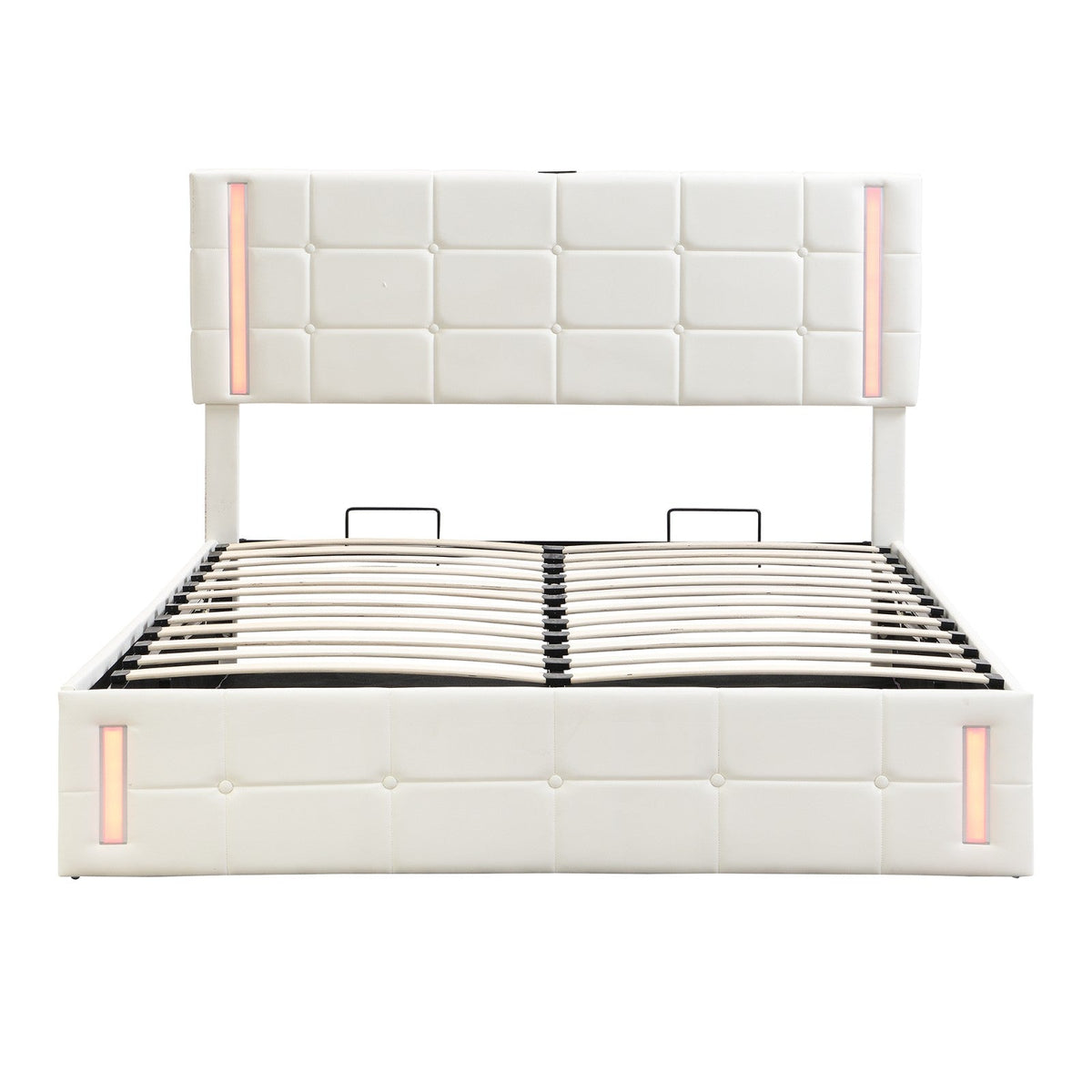 Full-Size Upholstered Bed with LED Lights, Hydraulic Storage System, and USB Charging Station