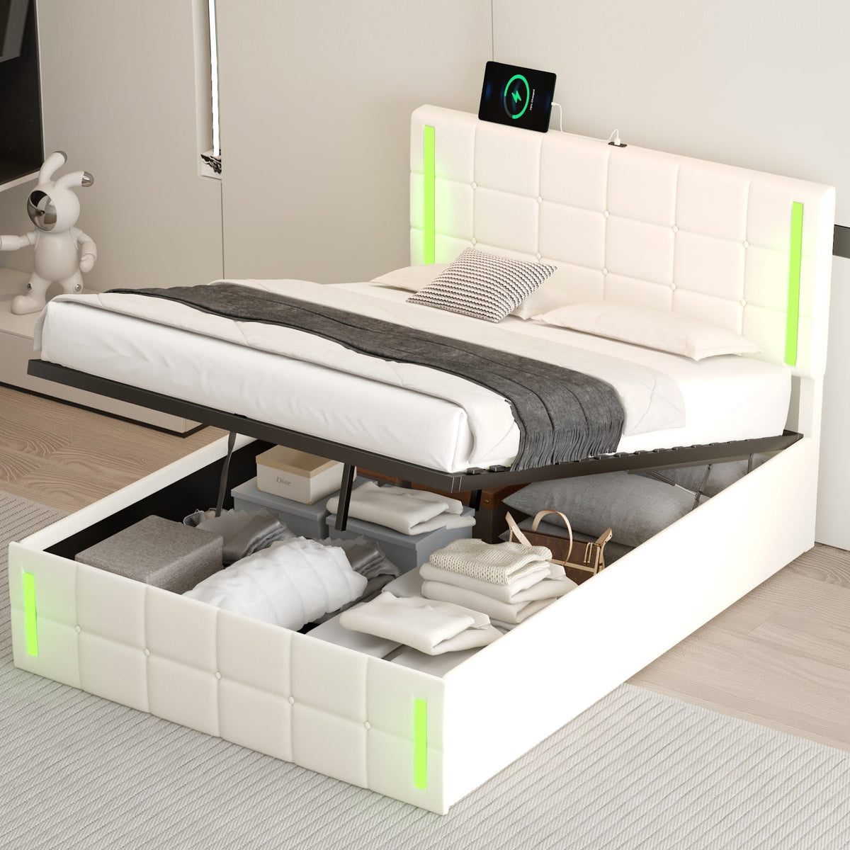 Full-Size Upholstered Bed with LED Lights, Hydraulic Storage System, and USB Charging Station