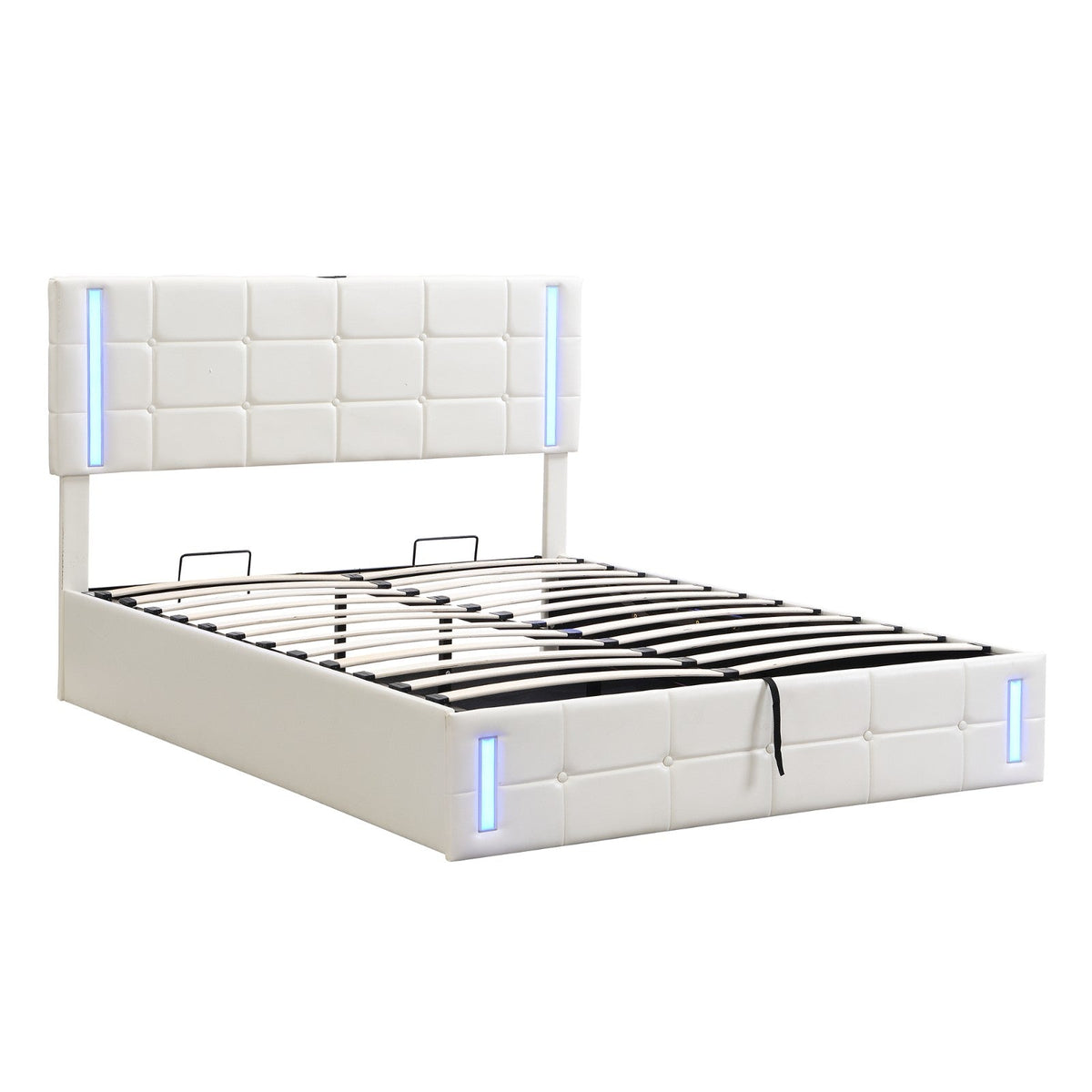 Full-Size Upholstered Bed with LED Lights, Hydraulic Storage System, and USB Charging Station