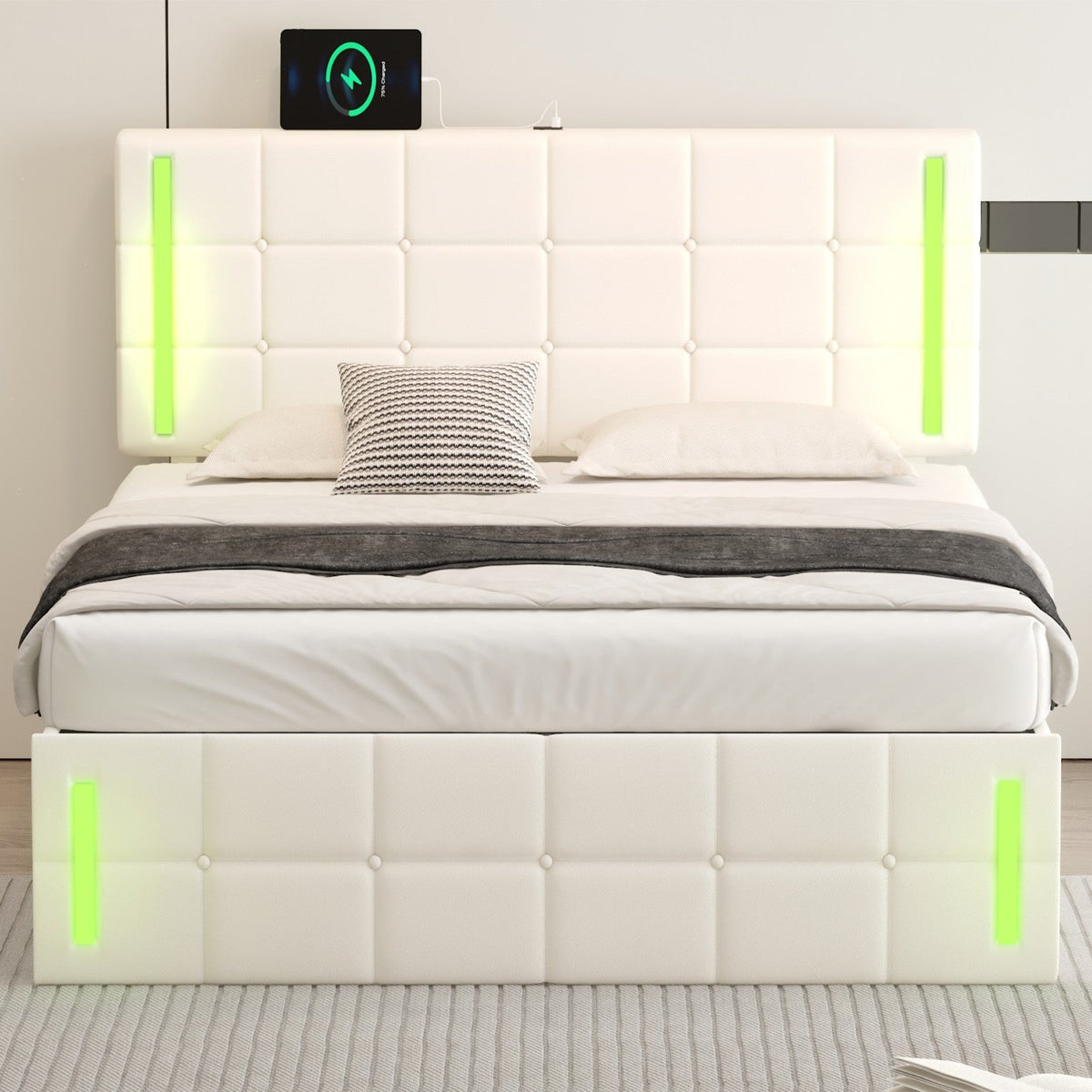 Full-Size Upholstered Bed with LED Lights, Hydraulic Storage System, and USB Charging Station