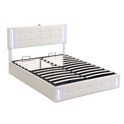 Full-Size Upholstered Bed with LED Lights, Hydraulic Storage System, and USB Charging Station