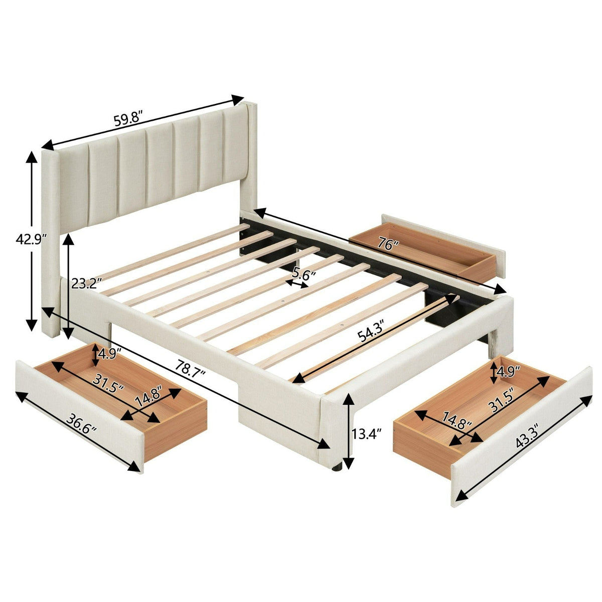 Full Size Upholstered Platform Bed with One Large Drawer in the Footboard and a Drawer on Each Side