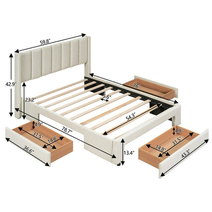 Full Size Upholstered Platform Bed with One Large Drawer in the Footboard and a Drawer on Each Side