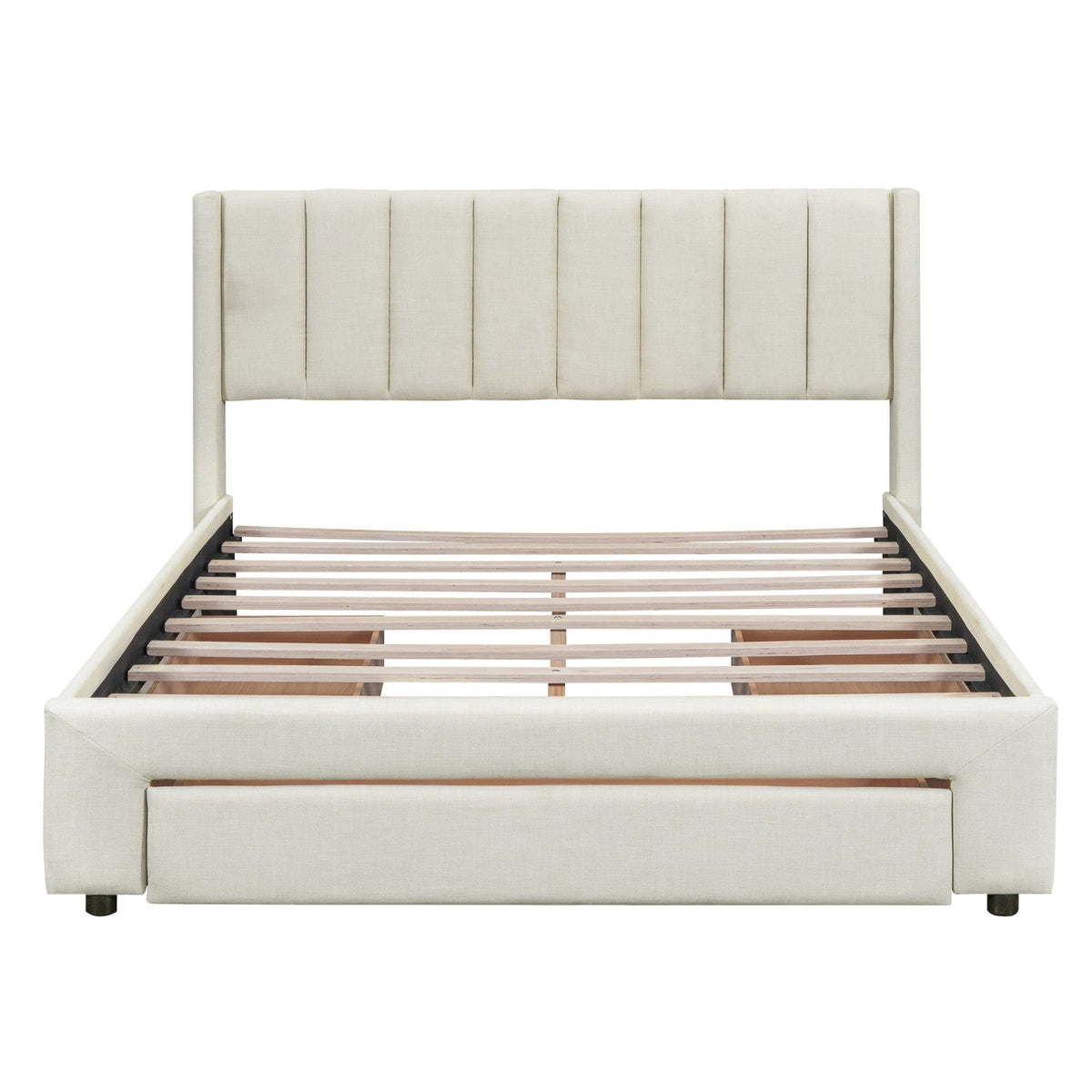 Full Size Upholstered Platform Bed with One Large Drawer in the Footboard and a Drawer on Each Side