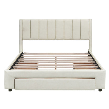 Full Size Upholstered Platform Bed with One Large Drawer in the Footboard and a Drawer on Each Side