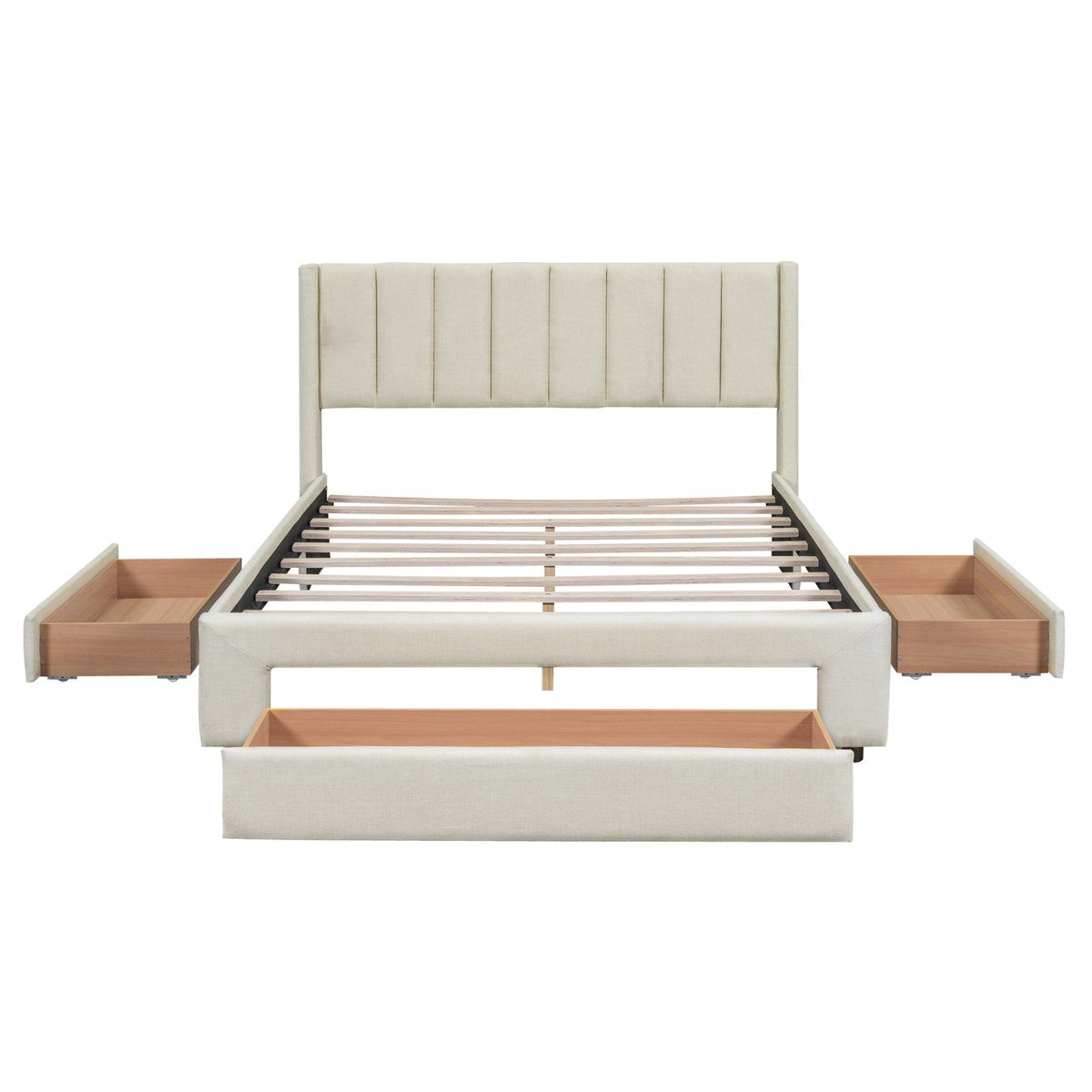 Full Size Upholstered Platform Bed with One Large Drawer in the Footboard and a Drawer on Each Side