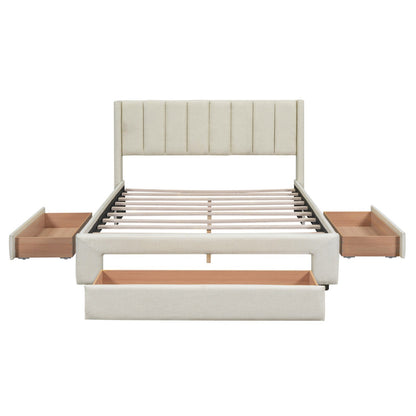 Full Size Upholstered Platform Bed with One Large Drawer in the Footboard and a Drawer on Each Side