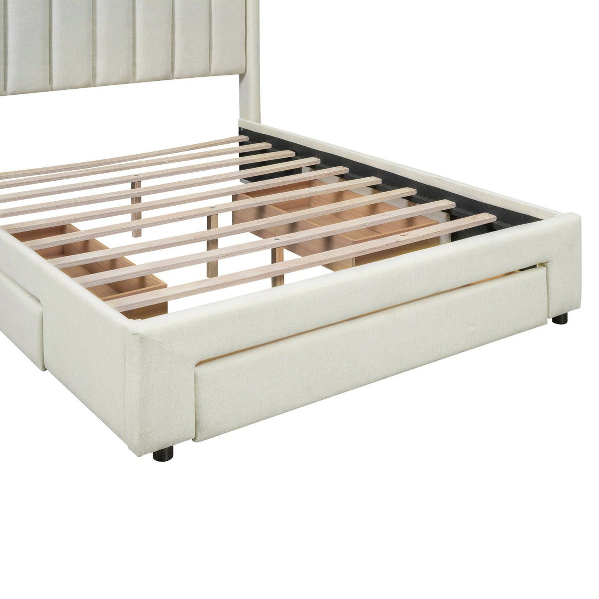 Full Size Upholstered Platform Bed with One Large Drawer in the Footboard and a Drawer on Each Side