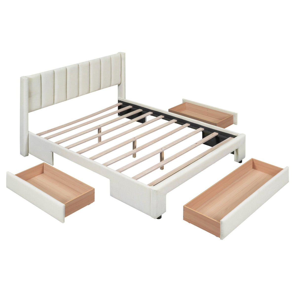 Full Size Upholstered Platform Bed with One Large Drawer in the Footboard and a Drawer on Each Side