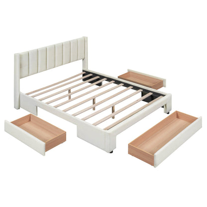 Full Size Upholstered Platform Bed with One Large Drawer in the Footboard and a Drawer on Each Side