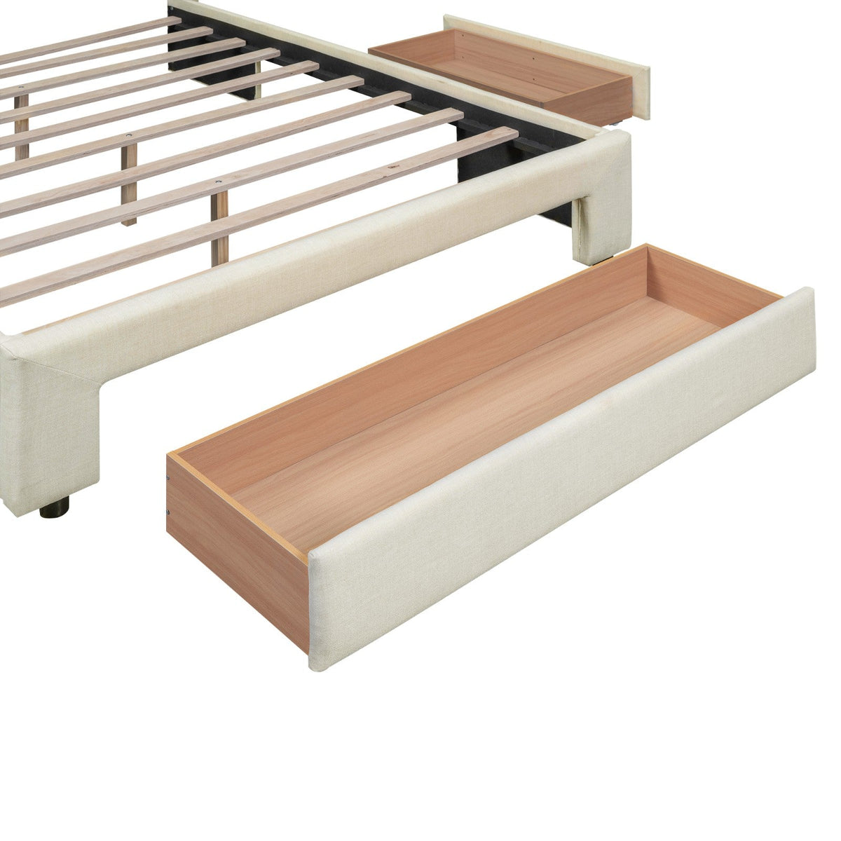 Full Size Upholstered Platform Bed with One Large Drawer in the Footboard and a Drawer on Each Side