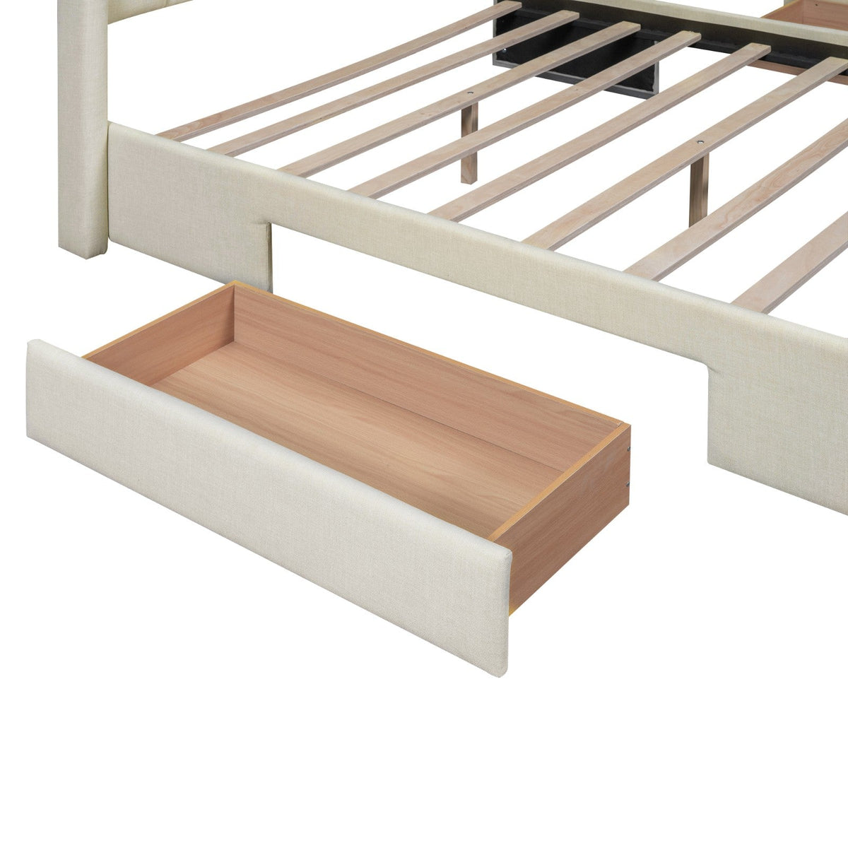 Full Size Upholstered Platform Bed with One Large Drawer in the Footboard and a Drawer on Each Side