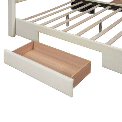 Full Size Upholstered Platform Bed with One Large Drawer in the Footboard and a Drawer on Each Side