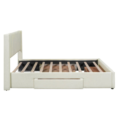 Full Size Upholstered Platform Bed with One Large Drawer in the Footboard and a Drawer on Each Side