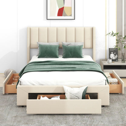 Full Size Upholstered Platform Bed with One Large Drawer in the Footboard and a Drawer on Each Side