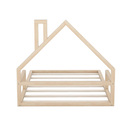 Full-Size Wood Floor Bed with House-Shaped Headboard