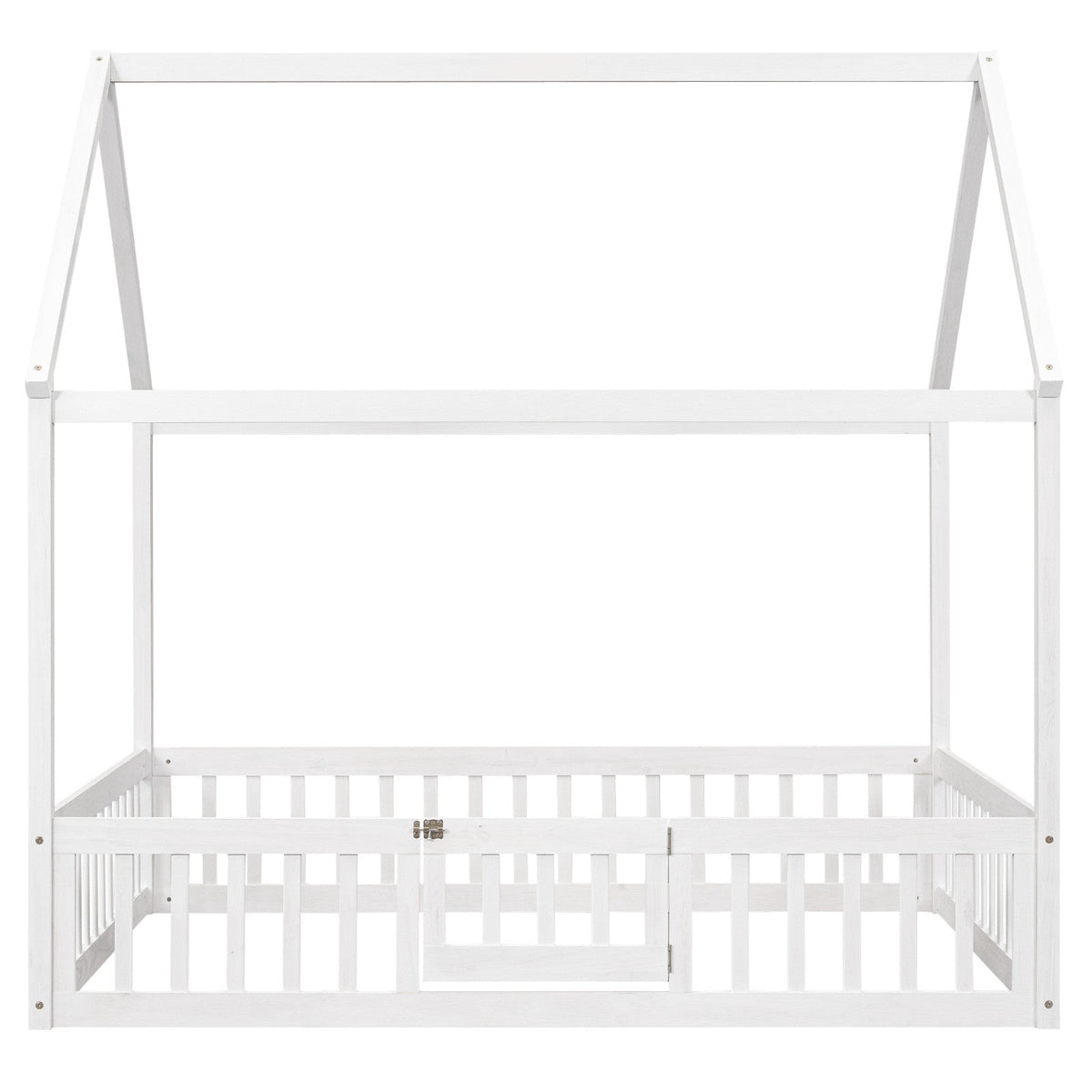 Full Size Wood House Bed with Fence and Door