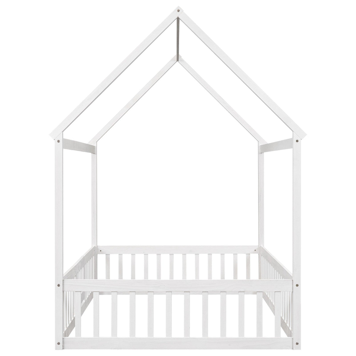 Full Size Wood House Bed with Fence and Door
