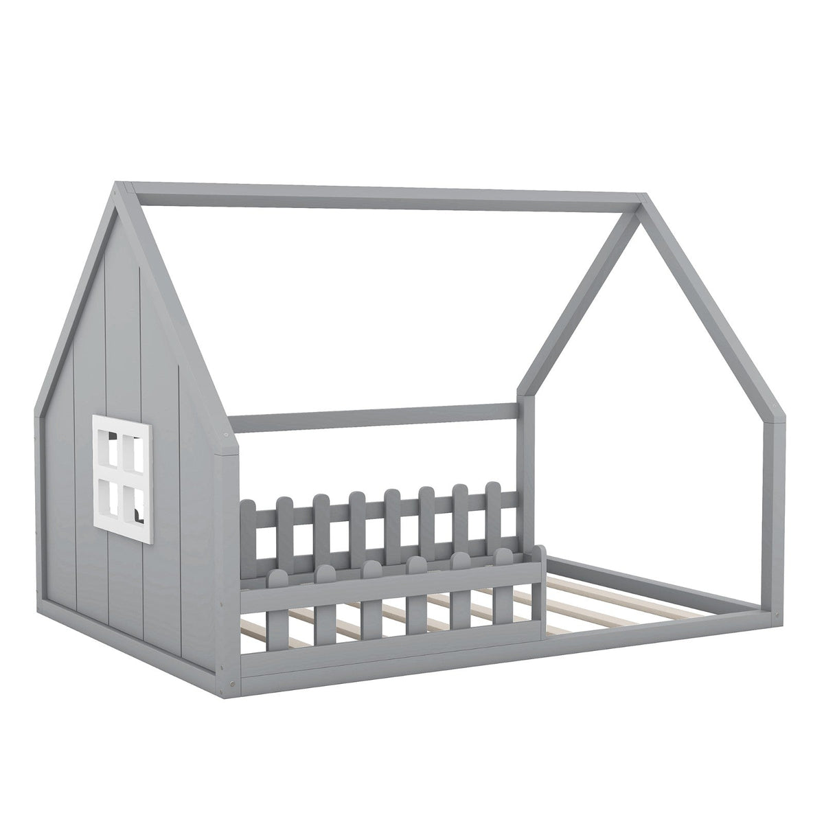 Full-Size Wood House Bed with Window and Fence