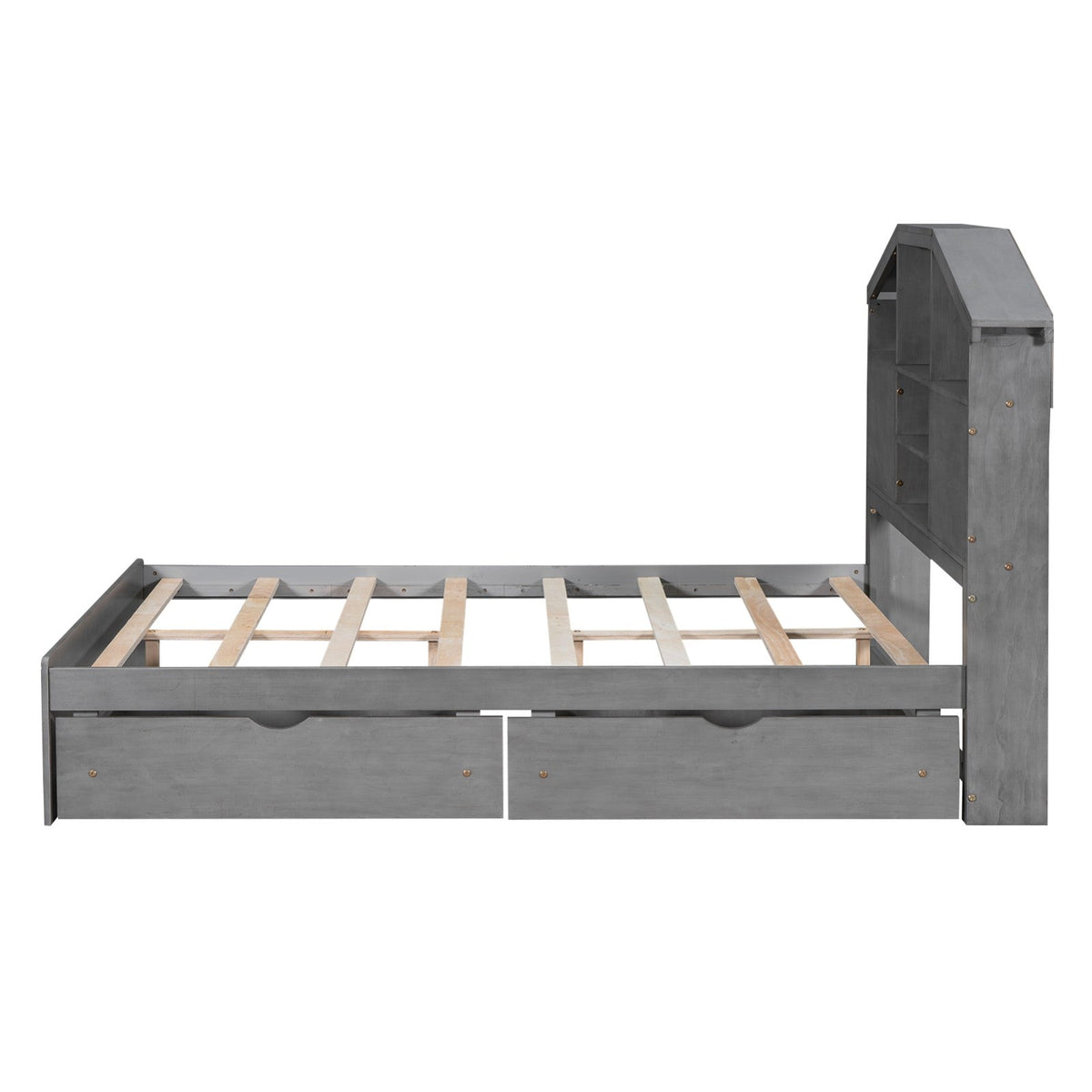 Full-Size Wood Platform Bed with House-Shaped Storage Headboard and Two Drawers