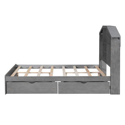 Full-Size Wood Platform Bed with House-Shaped Storage Headboard and Two Drawers