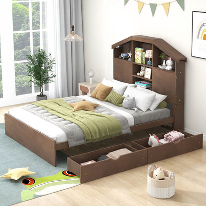 Full-Size Wood Platform Bed with House-Shaped Storage Headboard and Two Drawers