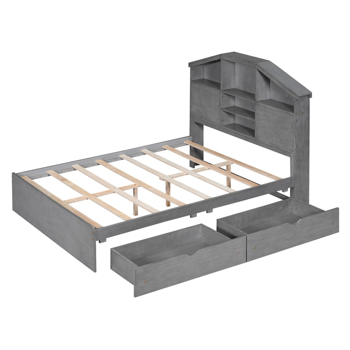 Full-Size Wood Platform Bed with House-Shaped Storage Headboard and Two Drawers