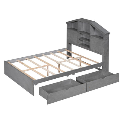 Full-Size Wood Platform Bed with House-Shaped Storage Headboard and Two Drawers