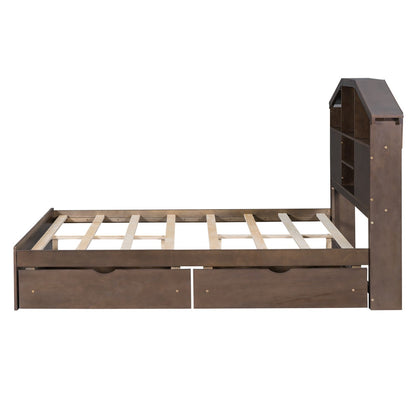 Full-Size Wood Platform Bed with House-Shaped Storage Headboard and Two Drawers