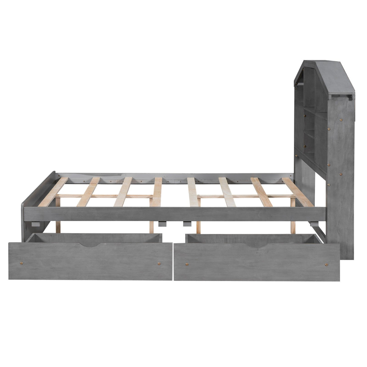 Full-Size Wood Platform Bed with House-Shaped Storage Headboard and Two Drawers