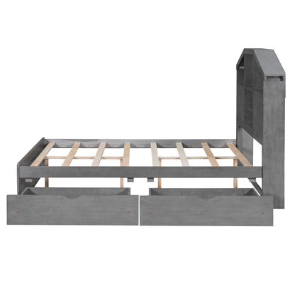 Full-Size Wood Platform Bed with House-Shaped Storage Headboard and Two Drawers