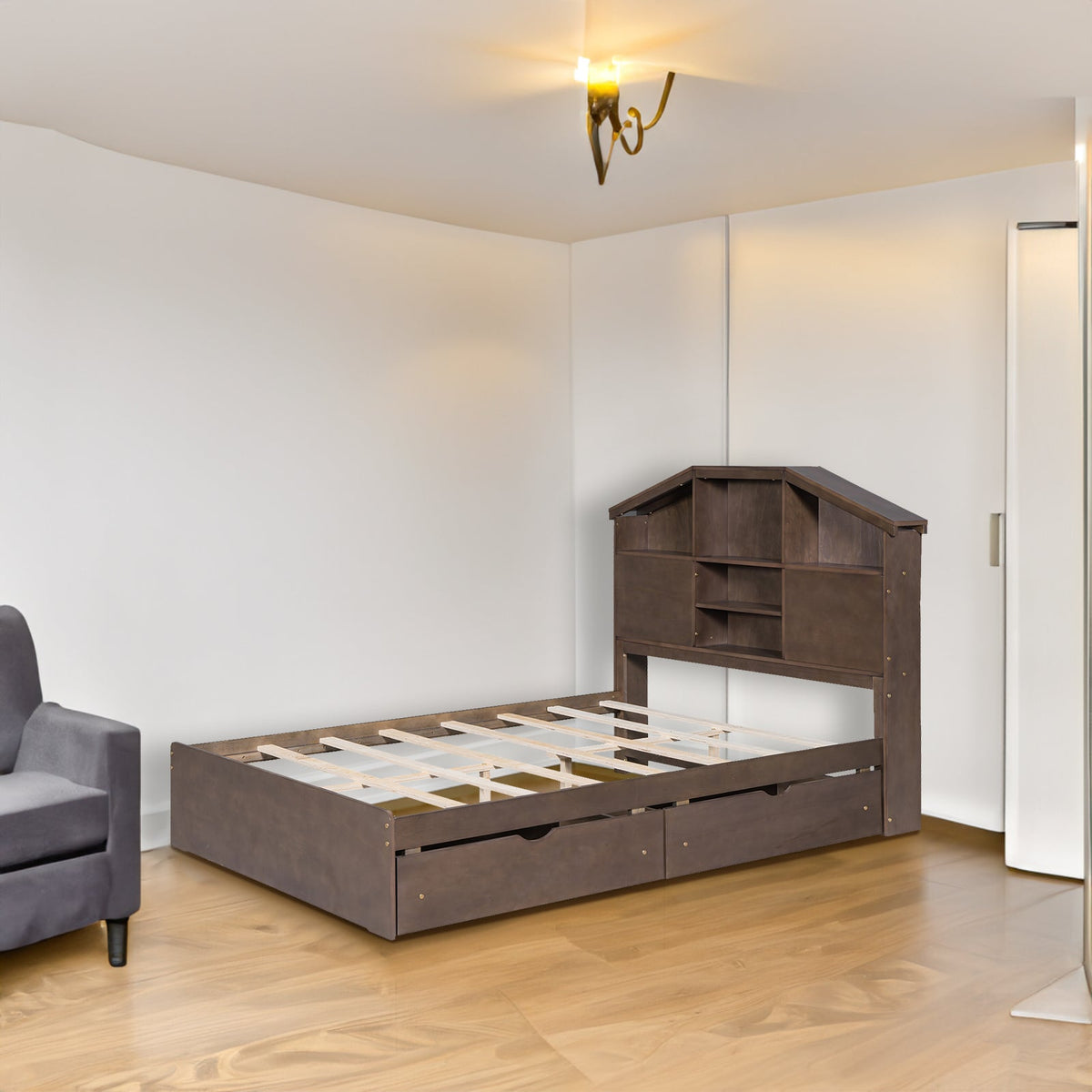 Full-Size Wood Platform Bed with House-Shaped Storage Headboard and Two Drawers