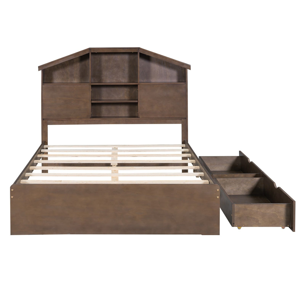 Full-Size Wood Platform Bed with House-Shaped Storage Headboard and Two Drawers