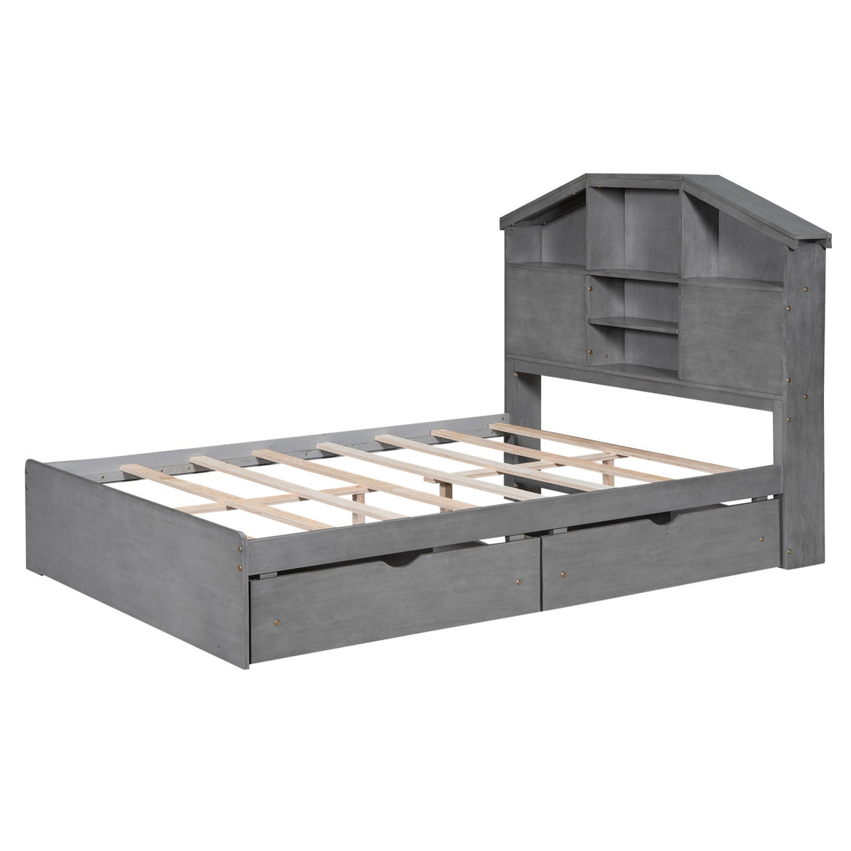 Full-Size Wood Platform Bed with House-Shaped Storage Headboard and Two Drawers
