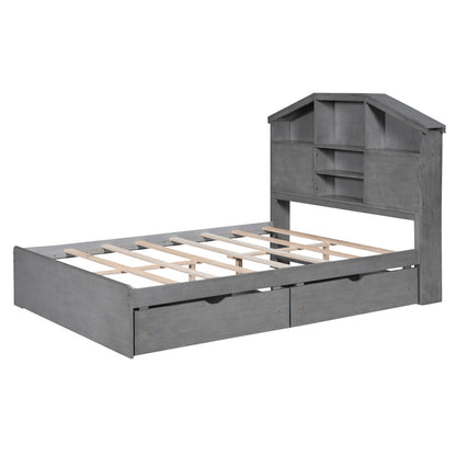 Full-Size Wood Platform Bed with House-Shaped Storage Headboard and Two Drawers