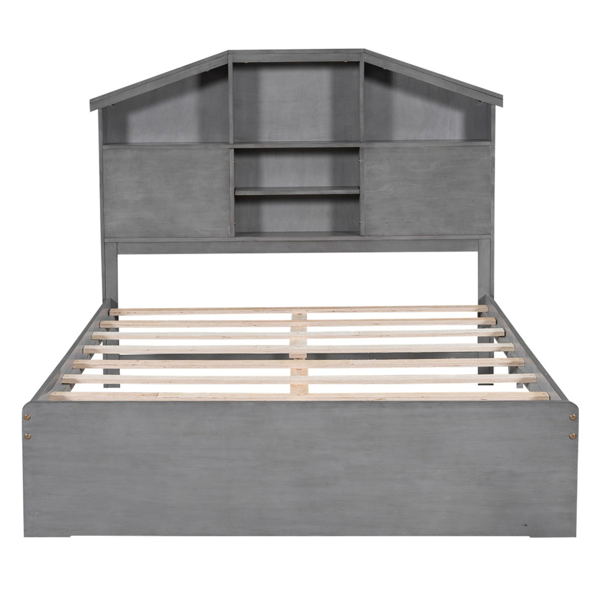 Full-Size Wood Platform Bed with House-Shaped Storage Headboard and Two Drawers