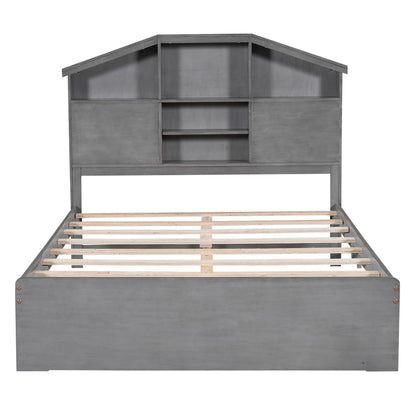 Full-Size Wood Platform Bed with House-Shaped Storage Headboard and Two Drawers