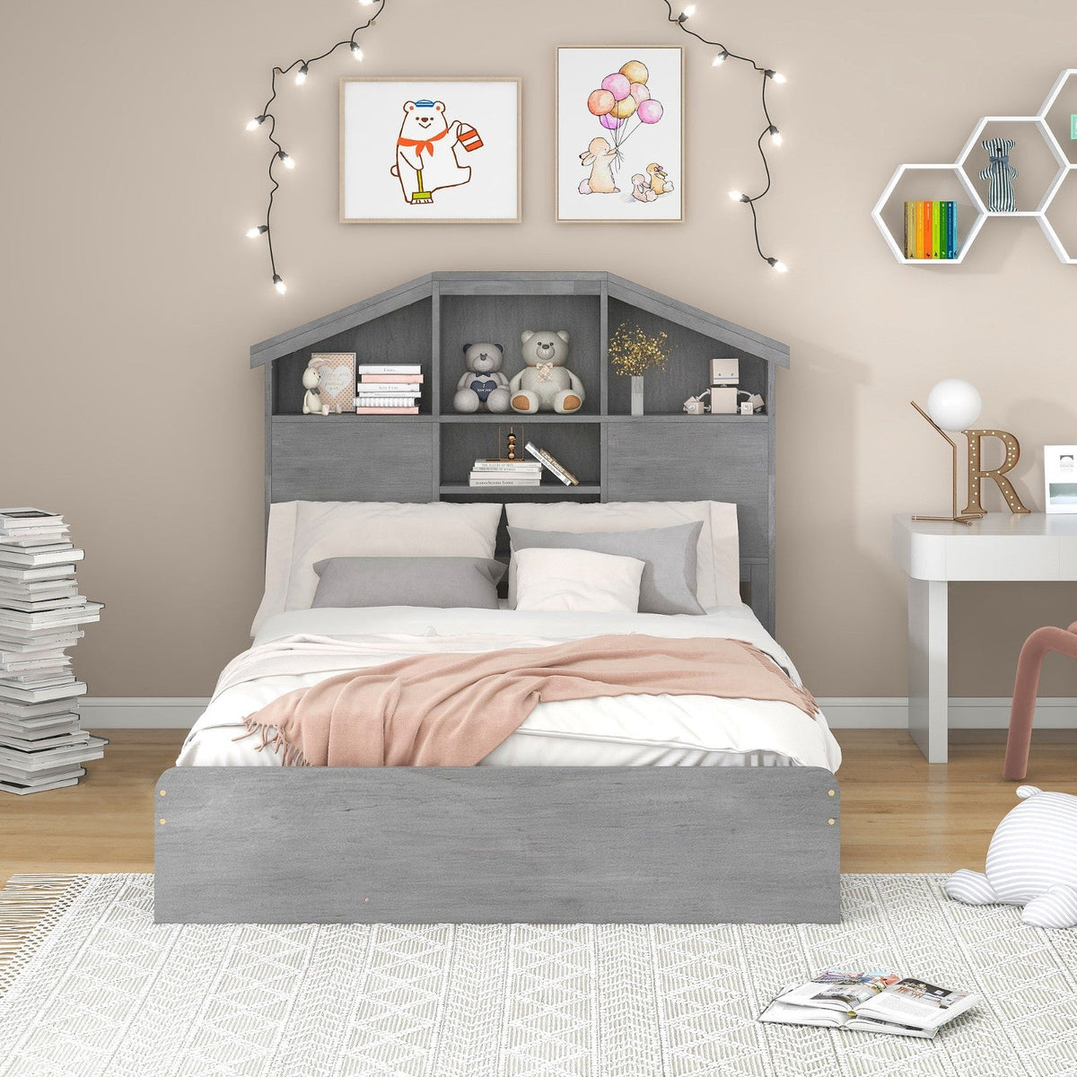 Full-Size Wood Platform Bed with House-Shaped Storage Headboard and Two Drawers