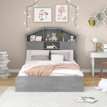 Full-Size Wood Platform Bed with House-Shaped Storage Headboard and Two Drawers