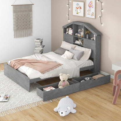 Full-Size Wood Platform Bed with House-Shaped Storage Headboard and Two Drawers