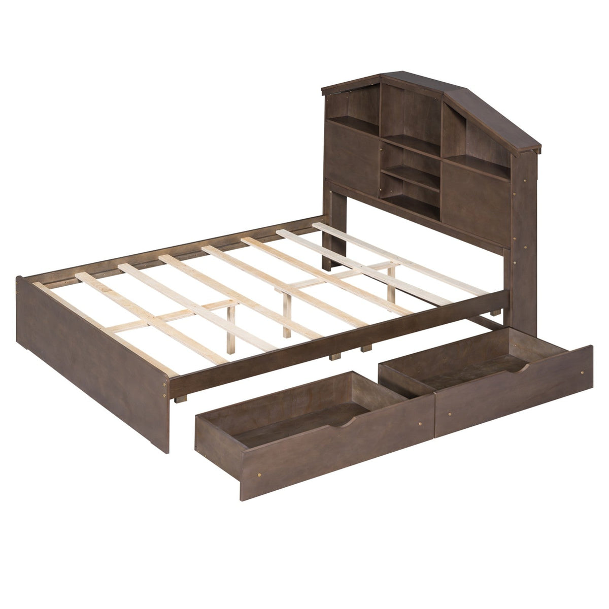 Full-Size Wood Platform Bed with House-Shaped Storage Headboard and Two Drawers
