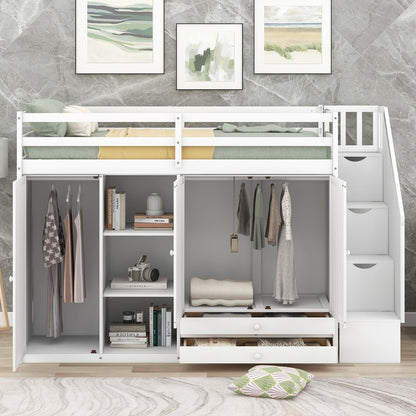 Functional Loft Bed with 3 Shelves, 2 Wardrobes, 2 Drawers, Ladder with Storage, No Box Spring Needed