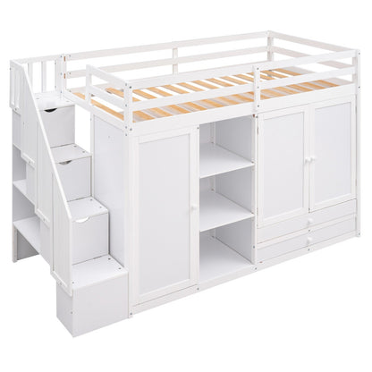 Functional Loft Bed with 3 Shelves, 2 Wardrobes, 2 Drawers, Ladder with Storage, No Box Spring Needed